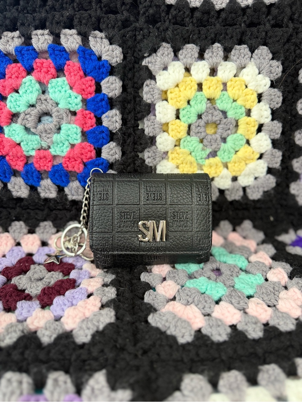 Steve Madden Black Mini Wallet with Metal SM Accent and Chain Charm